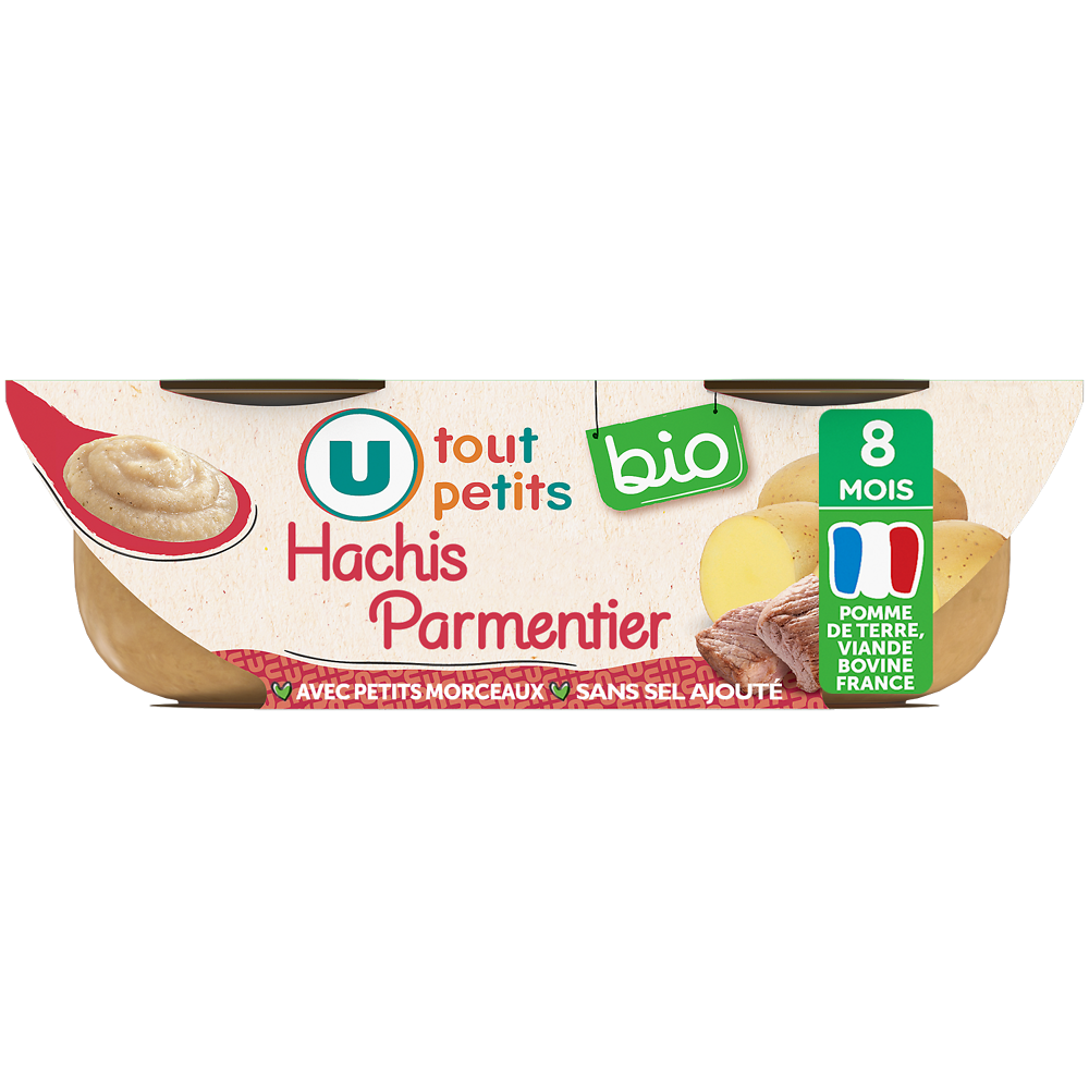 U TOUT PETITS BIO Plats bébé bols hachis parmentier avec morceaux dès 8 mois, 2x200g