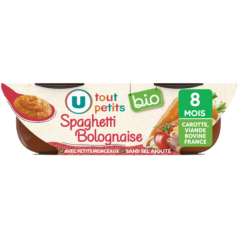 U TOUT PETITS BIO Plats bébé bols spaghetti bolognaise avec morceaux dès 8 mois, 2x200g