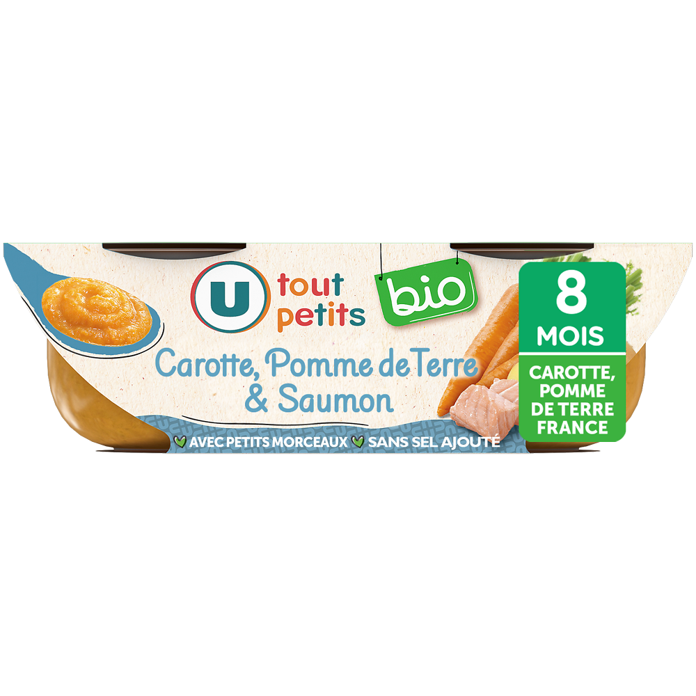 U TOUT PETITS BIO Plats bébé bols carottes pommes de terre saumon dès 8 mois, 2x200g