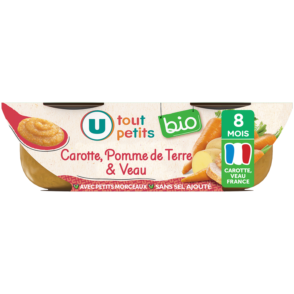 U TOUT PETITS BIO Plats bébé bols légumes veau avec morceaux bio dès 8 mois, 2x200g