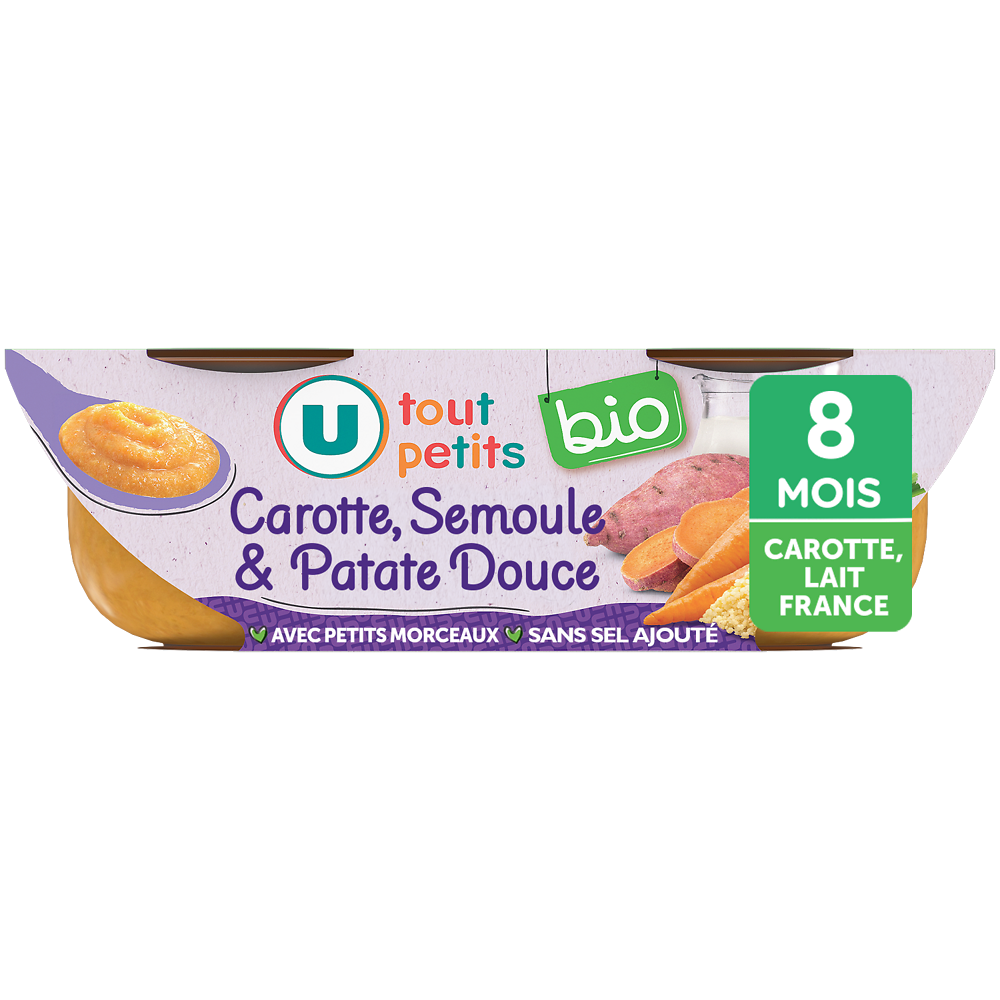 U TOUT PETITS BIO Plats bébé bols soir patate douce carotte et semoule avec morceaux dès8 mois, 2x200g