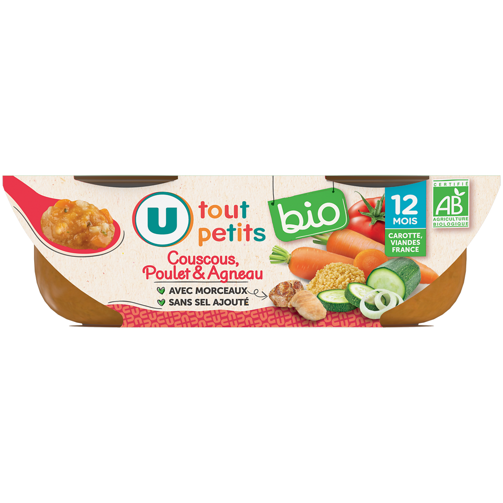 U TOUT PETITS BIO Plats bébé bols couscous poulet agneau OF dès 12 mois, 2x200g