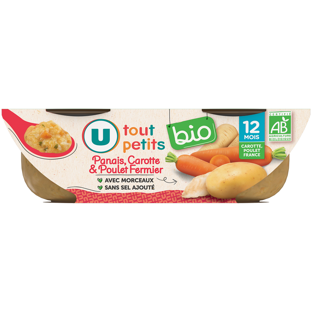 U TOUT PETITS BIO Plats bébé bols panais carotte et poulet dès 12mois, 2x200g origine France