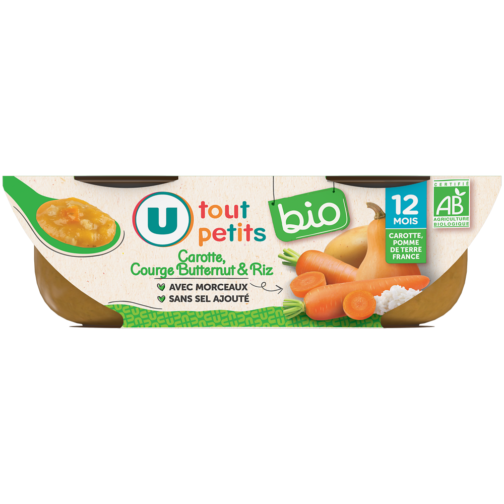 U TOUT PETITS BIO Plats bébé bols carottes butternut riz dès 12mois, 2x200g origine France