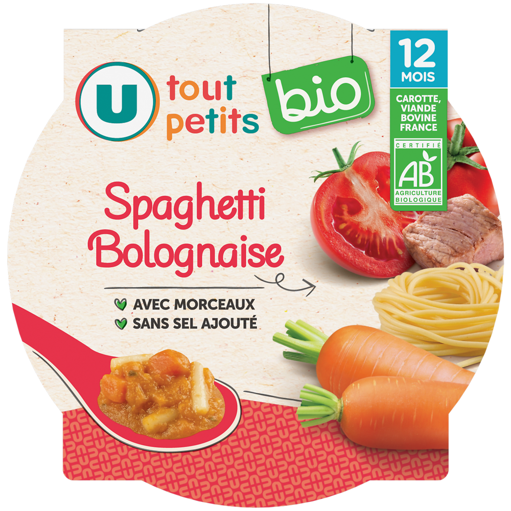 U TOUT PETITS BIO Plat bébé assiette spaghetti bolognaise dès 12 mois, 230g origine France