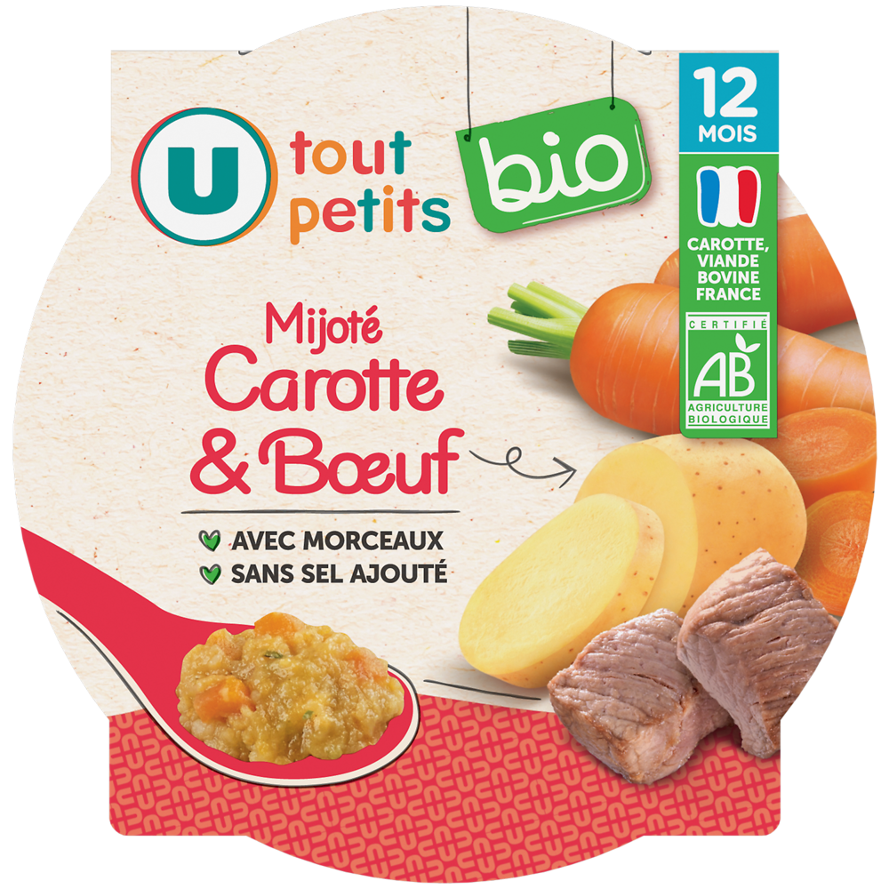 U TOUT PETITS BIO Plat bébé assiette mijoté de carottes et boeuf dès 12 mois, 230g origine France