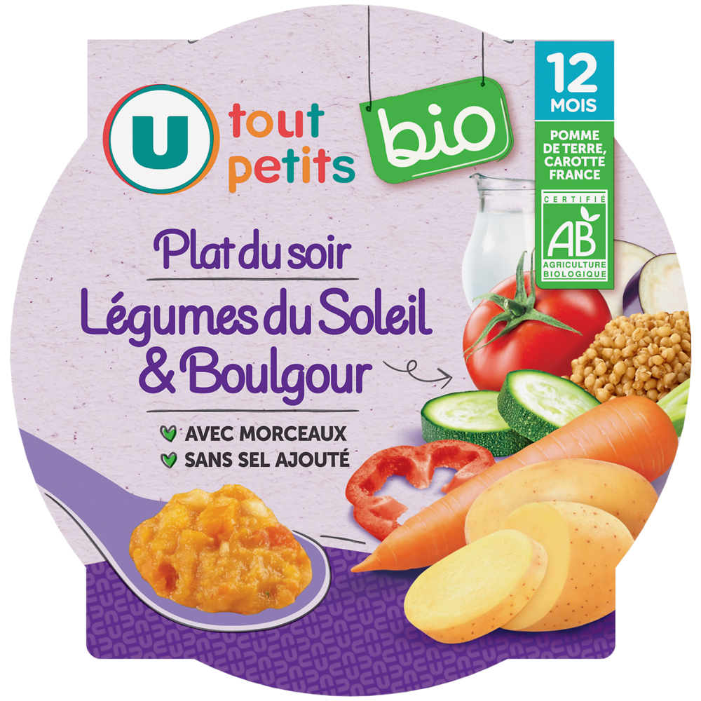 U TOUT PETITS BIO Plat bébé assiette soir legumes du soleil et boulghour dès 12mois, 230g