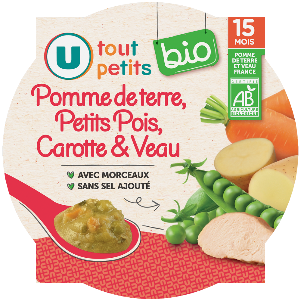 U TOUT PETITS BIO Plat bébé assiette de petits pois et veau bio dès 15 mois, 250g