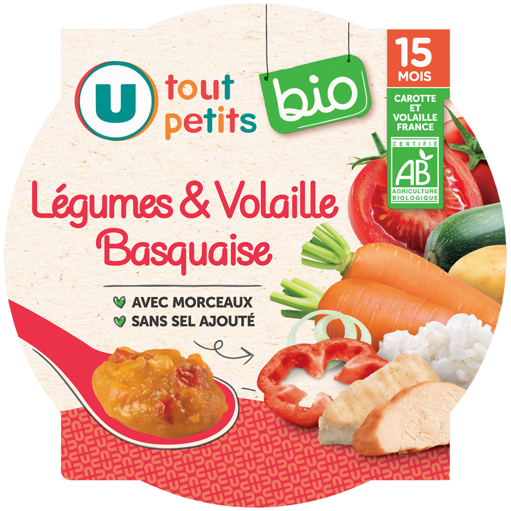 U TOUT PETITS BIO Plat bébé assiette de légumes et volaille basquaise dès 15 mois, 250g