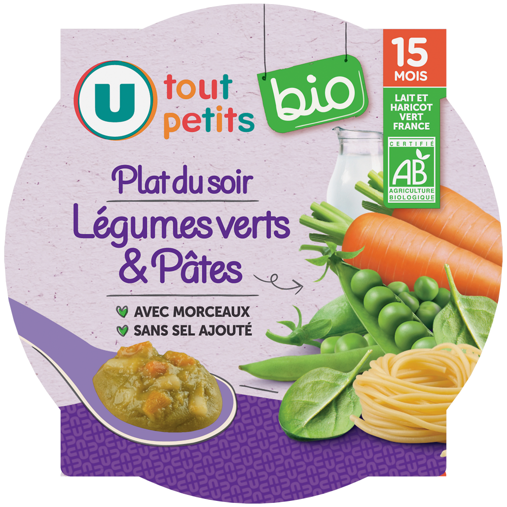 U TOUT PETITS BIO Plat bébé assiette de soir aux légumes verts et pâtes bio dès15 mois,250g