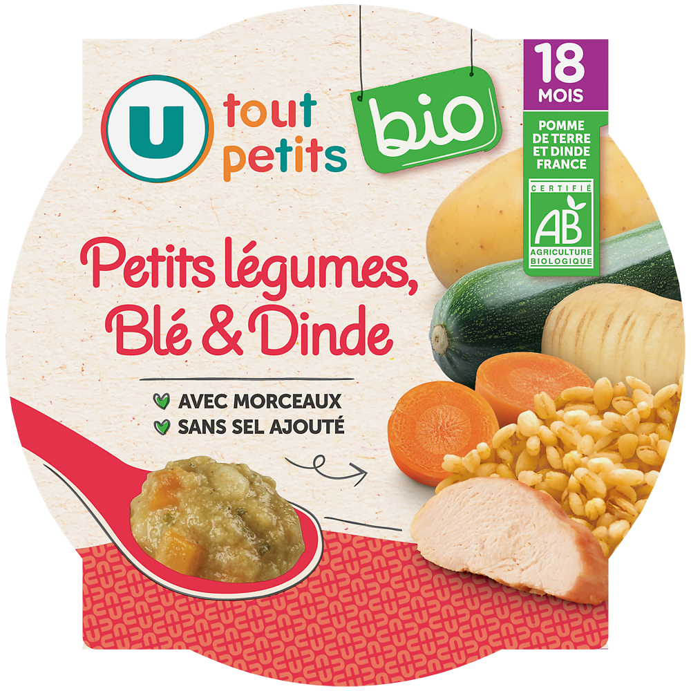 U TOUT PETITS BIO Plat bébé assiette de courgette blé et dinde bio dès 18 mois,260g