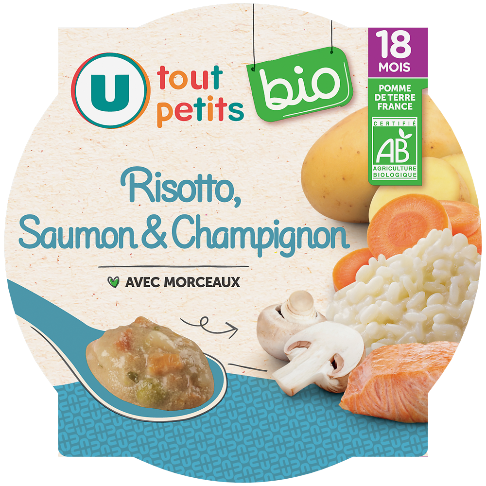 U TOUT PETITS BIO Plat bébé assiette de risotto au saumon et champignon en morceaux dès18 mois,260g