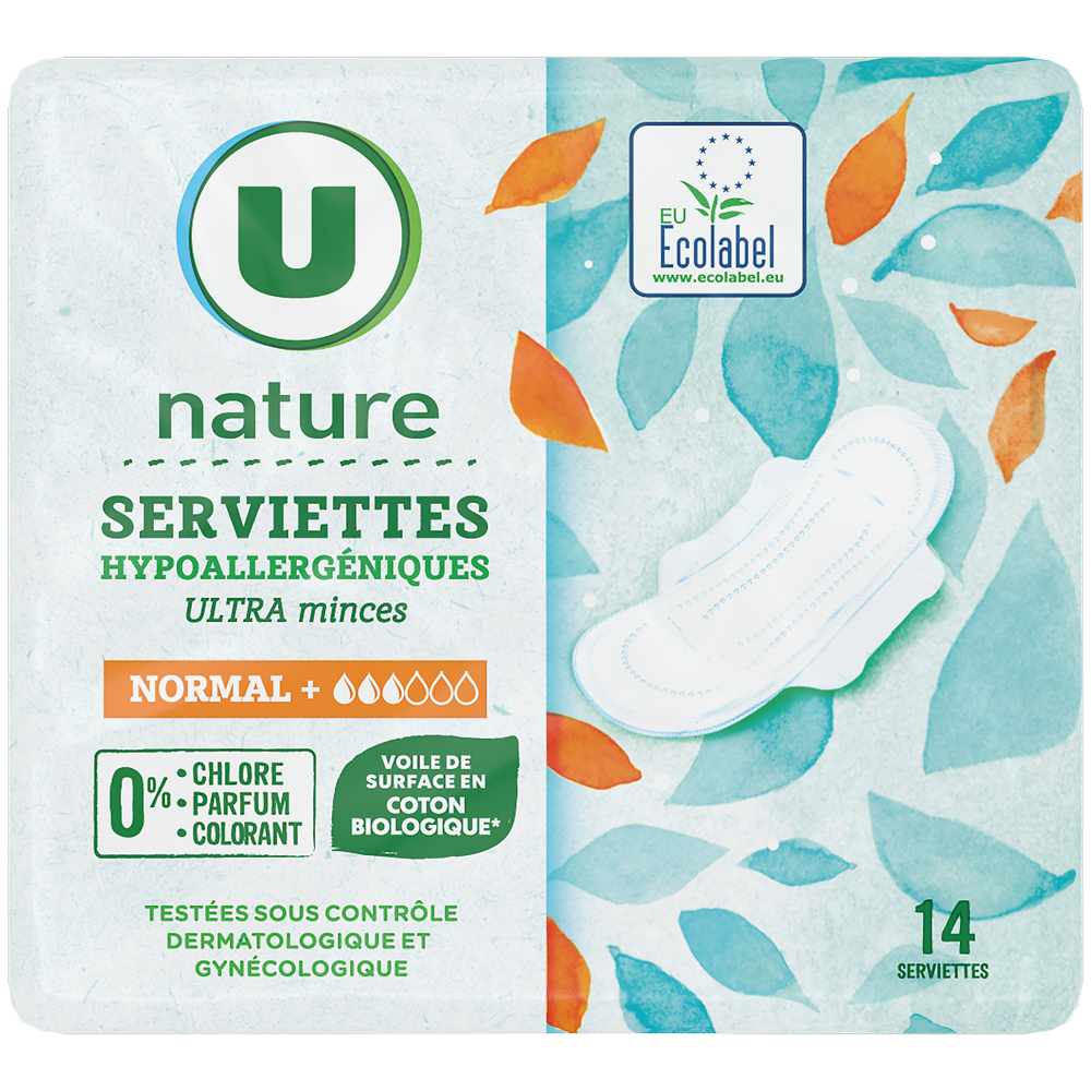 U NATURE Serviettes hygiéniques ultra minces normal + x14