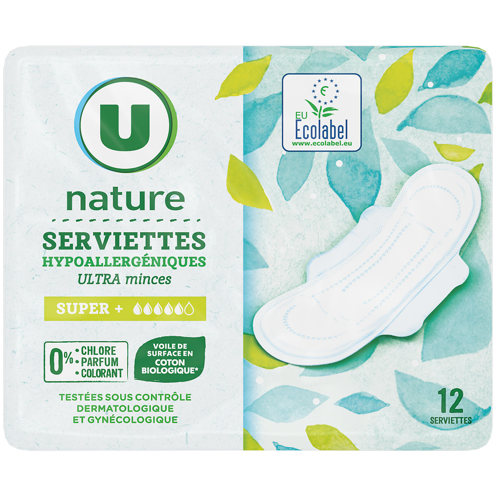 U NATURE Serviettes hygiéniques ultra minces super + x12