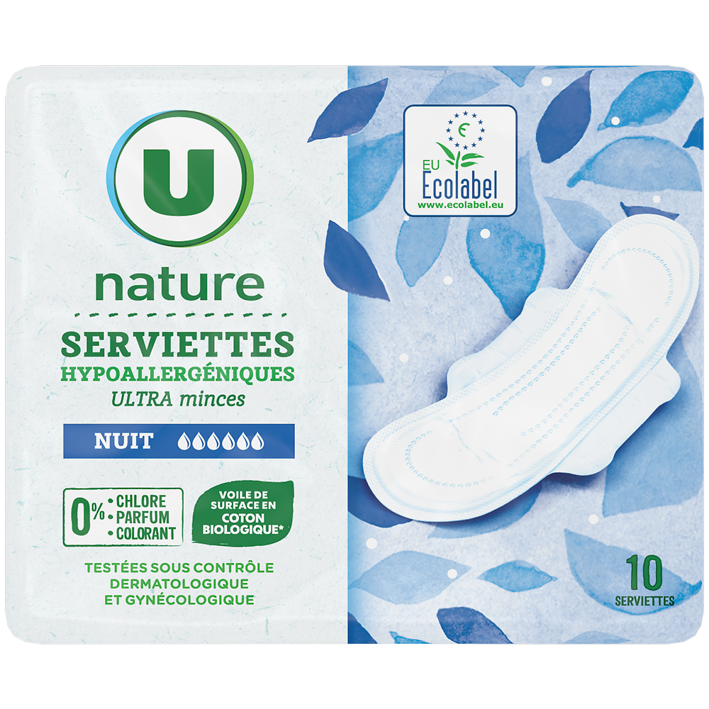 U NATURE Serviettes hygiéniques ultra mince nuit x10