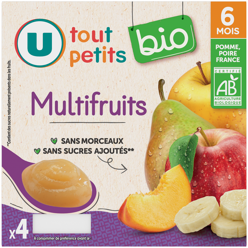 U TOUT PETITS BIO Petits pots bébé dessert multifruits dès 6 mois, 4x100g