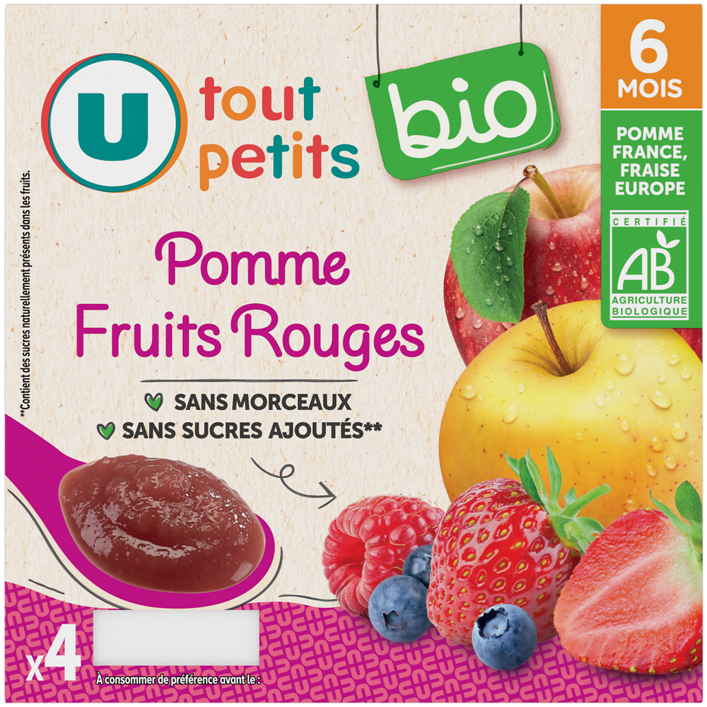 U TOUT PETITS BIO Petits pots bébé dessert pomme fruits rouges dès 6 mois 4x100g