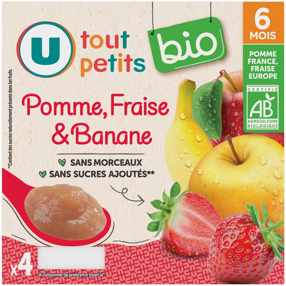 U TOUT PETITS BIO Petits pots bébé dessert pomme fraise banane dès 6 mois,4x100g