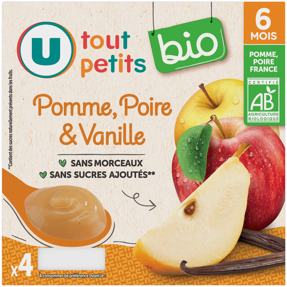 U TOUT PETITS BIO Petits pots bébé dessert pomme poire vanille dès 6 mois, 4x100g