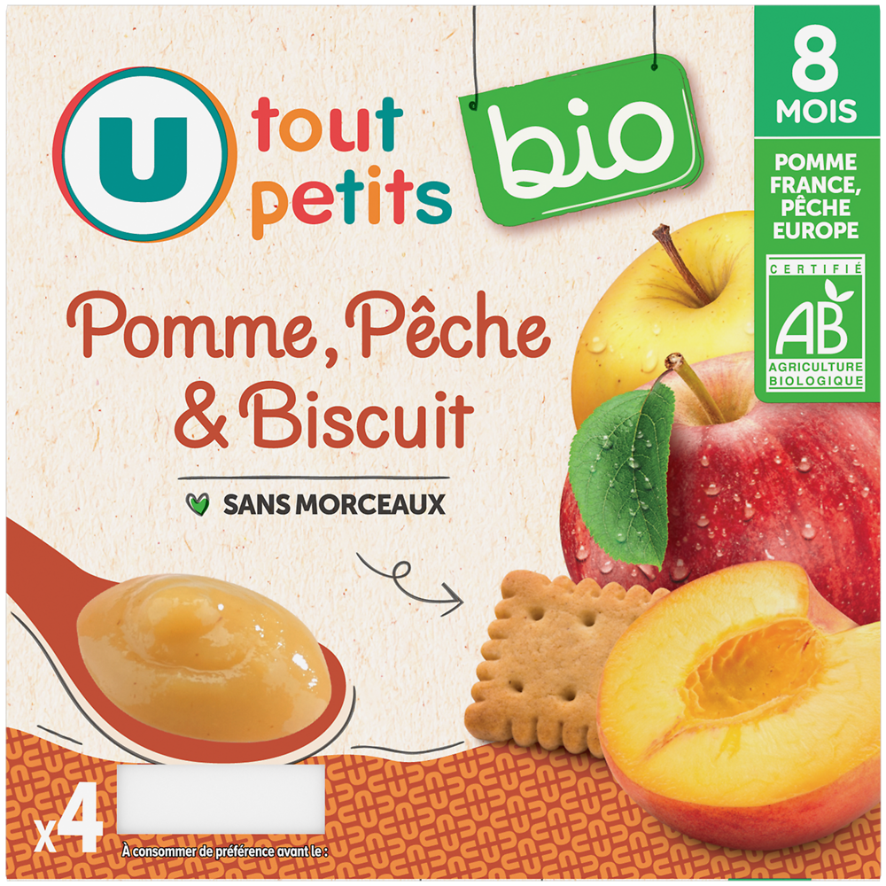 U TOUT PETITS BIO Petits pots bébé dessert pomme pêche biscuit dès 8 mois, 4x100g