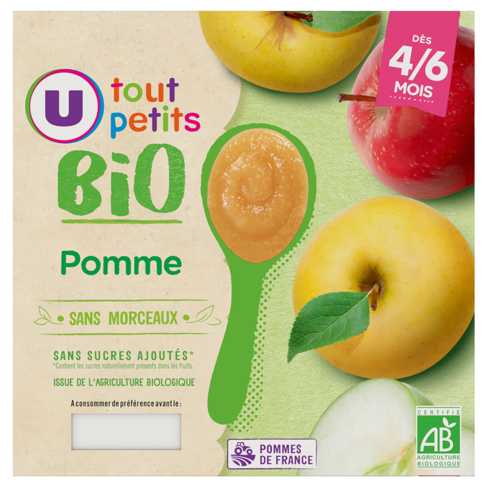 U TOUT PETITS BIO Petits pots bébé dessert pomme dès 4 à 6 mois, 4x100g