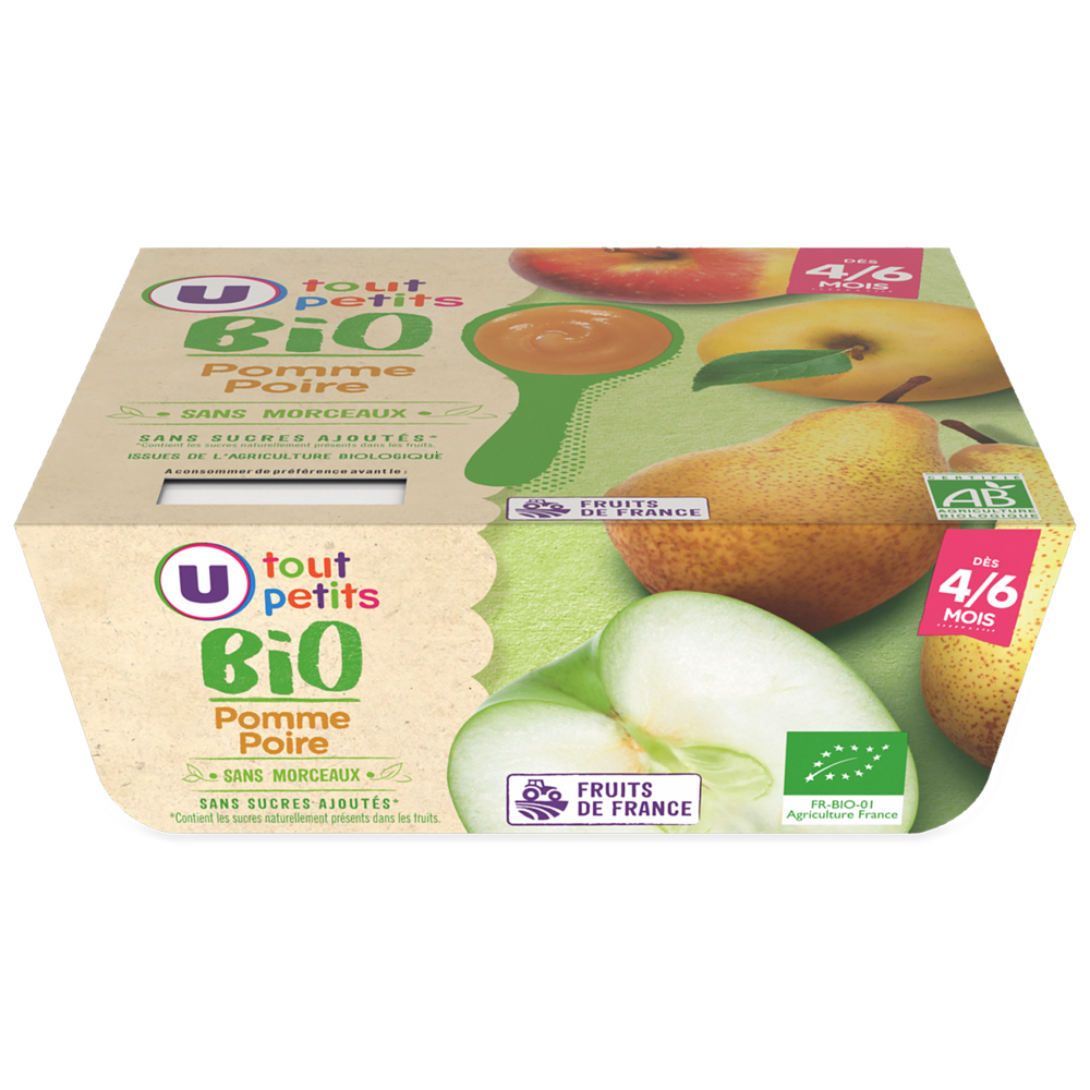 U TOUT PETITS BIO Petits pots bébé dessert pomme poire dès 4 à 6 mois, 4x100g