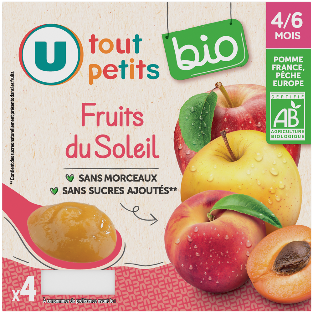 U TOUT PETITS BIO Petits pots bébé dessert aux fruits du soleil dès 4 à 6 mois, 4x100g