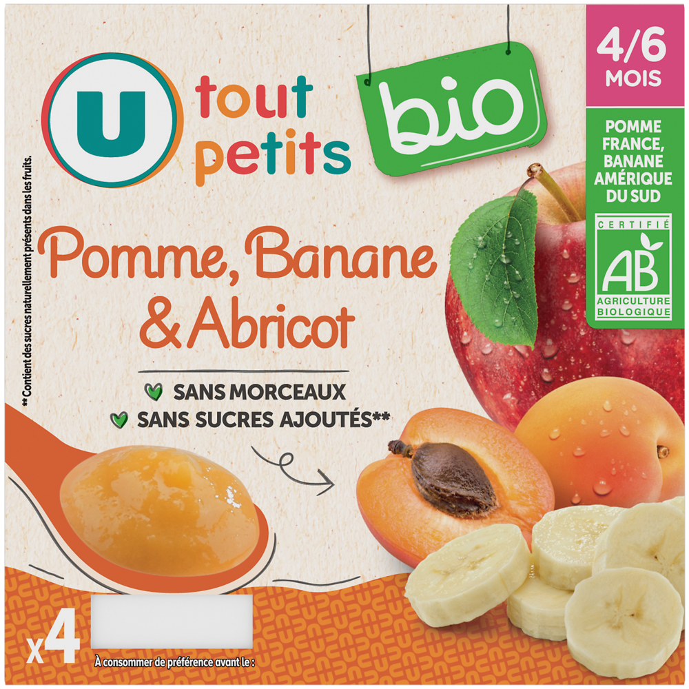 U TOUT PETITS BIO Petits pots bébé dessert à la pomme banane et abricot dès 4 à 6mois, 4x100g