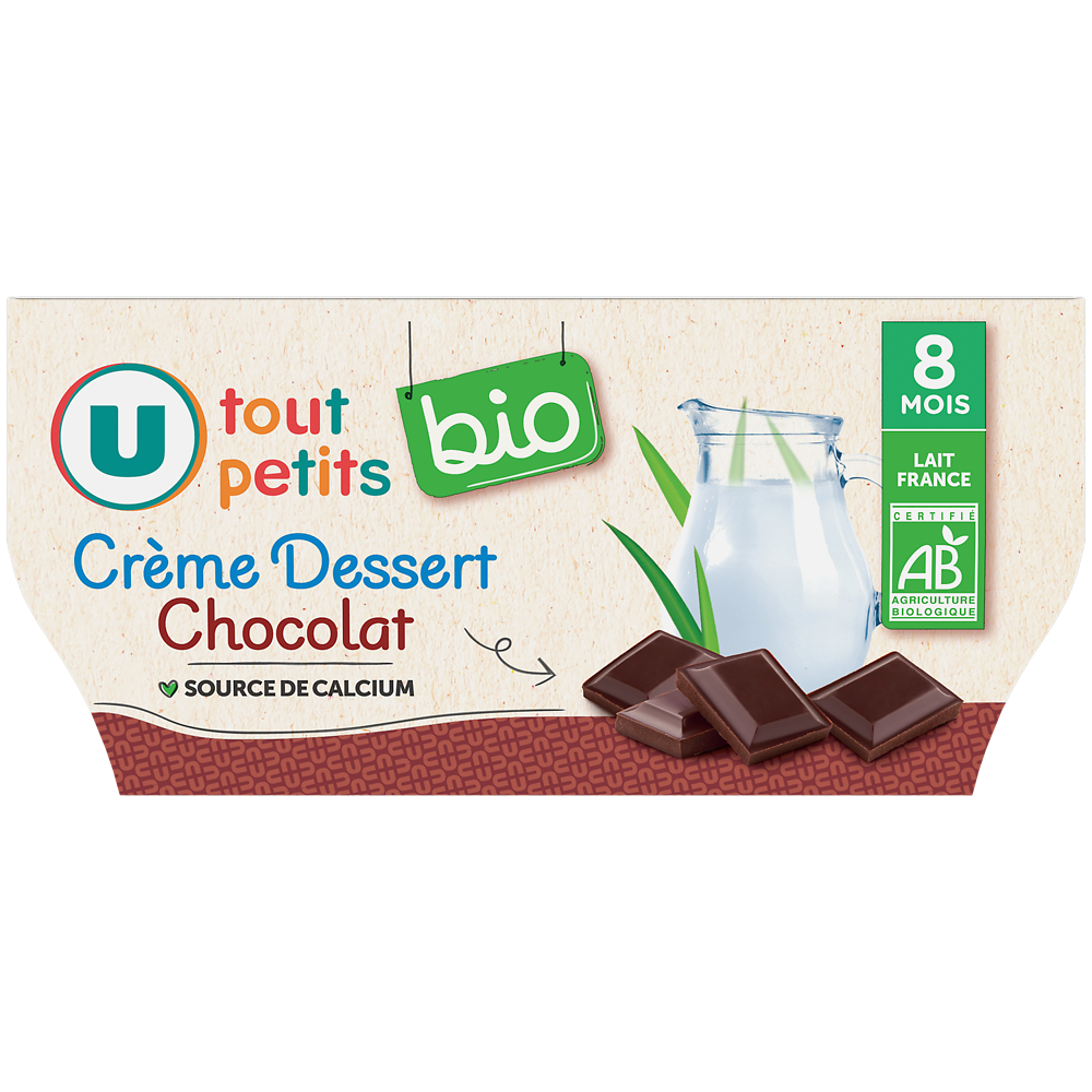 U TOUT PETITS BIO Dessert lacté bébé saveur chocolat dès 8 mois, 4x100g