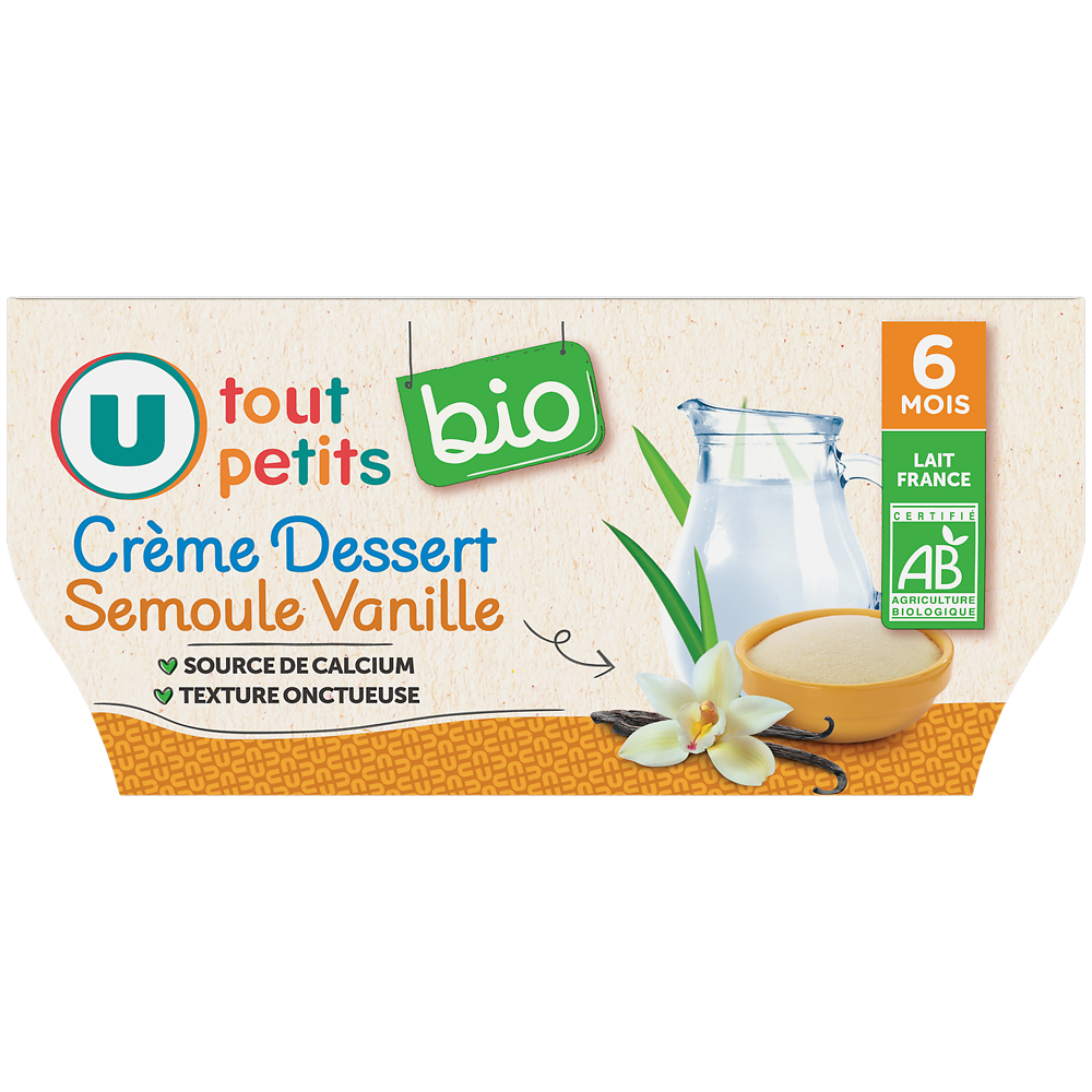 U TOUT PETITS BIO Dessert Bébé P'tit lacté saveur vanille, dès 6 mois - 4x100g