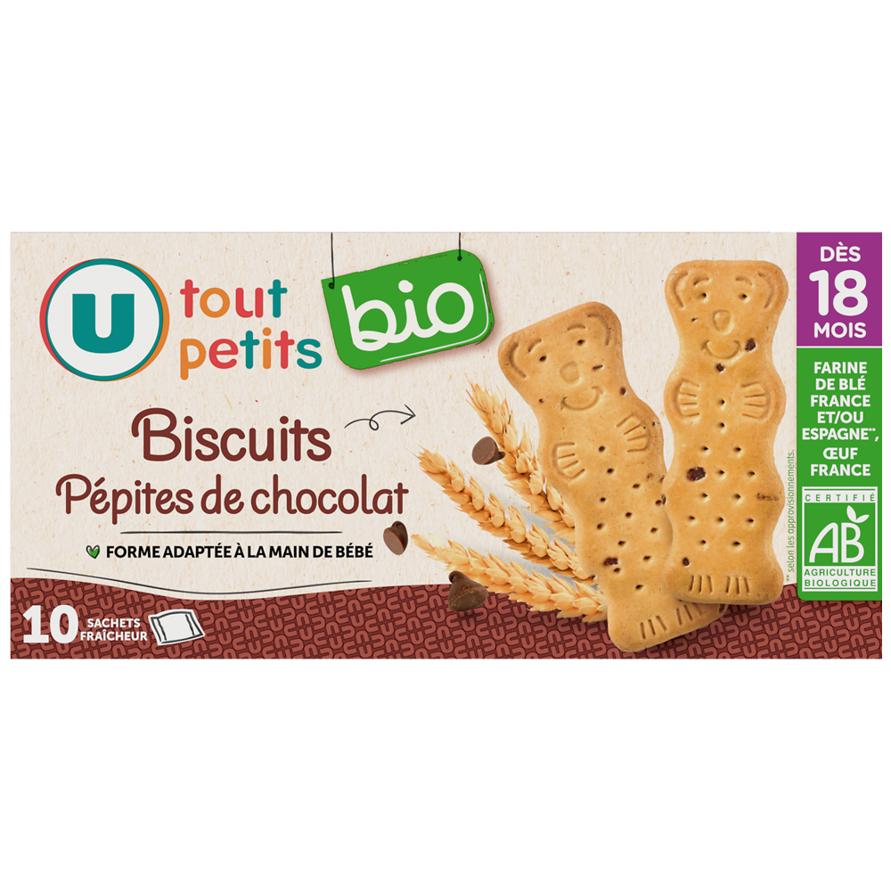 U TOUT PETITS BIO Biscuits bébé pépites de chocolat dès 18 mois, 200g