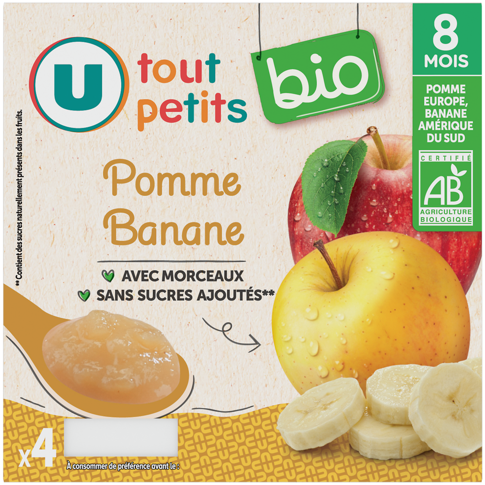 U TOUT PETITS BIO Petits pots bébé dessert pomme et banane avec morceaux dès 8 mois, 4x100g