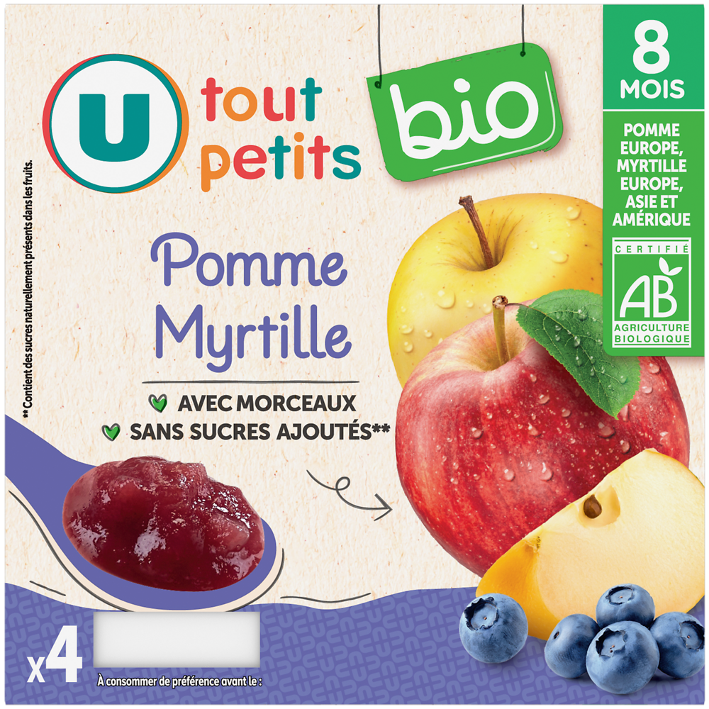 U TOUT PETITS BIO Petits pots bébé dessert pomme, myrtille avec morceaux dès 8 mois, 4x100g