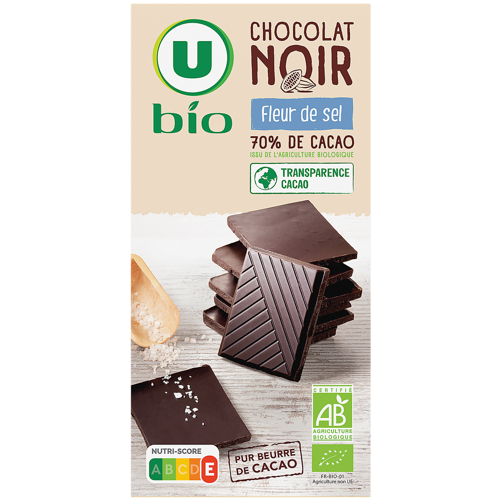 U BIO Chocolat noir fleur de sel,  tablette de 100g