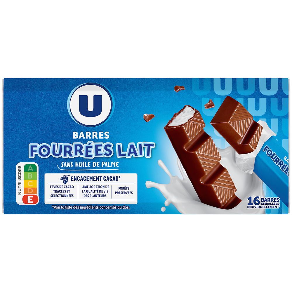 U Barres chocolats fourrées lait  16 unités  -  200g