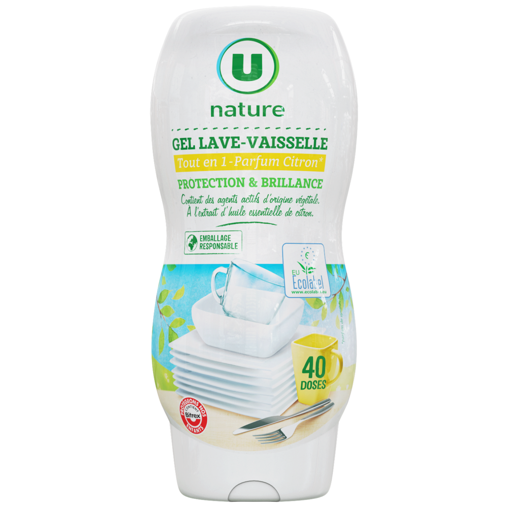 U NATURE Gel lave-vaisselle tout en 1 parfum citron  flacon de 720ml