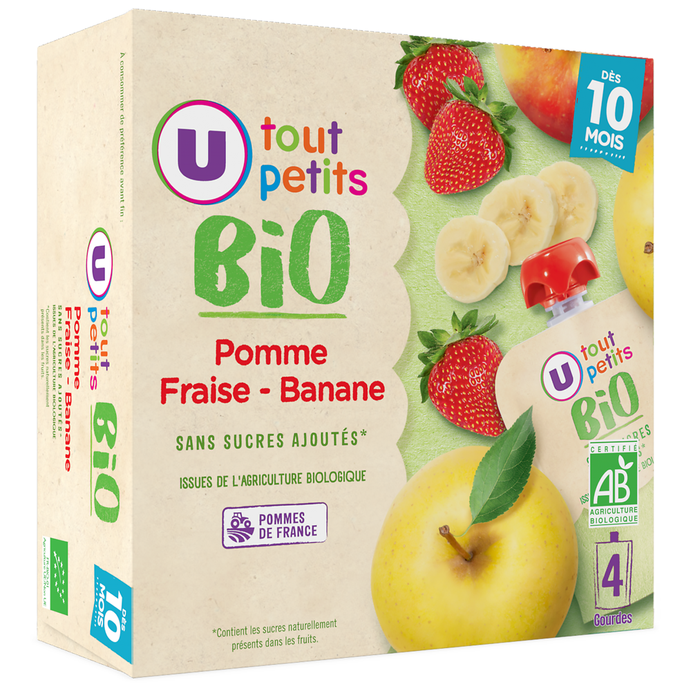 U TOUT PETITS BIO Gourdes Bébé pomme/banane/fraise dès 10 mois, 4x90g