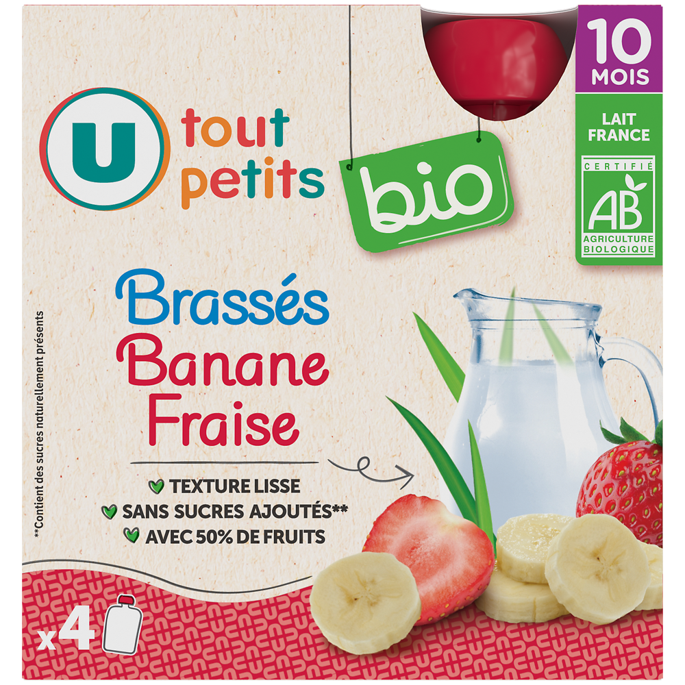 U TOUT PETITS BIO Gourdes Bébé banane fraise yaourt dès 10 mois, 4x85g