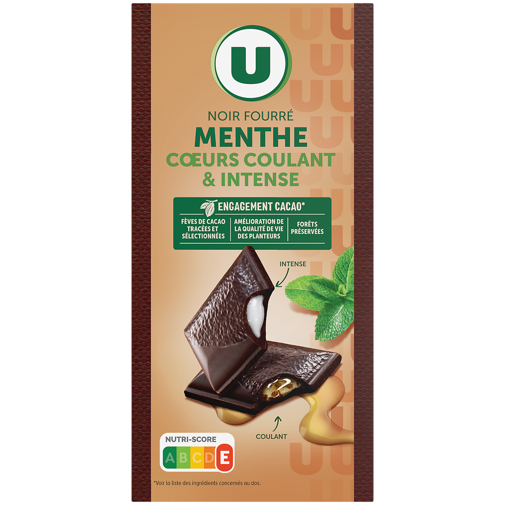 U Chocolat noir fourré bi texture menthe  Tablette de 130g