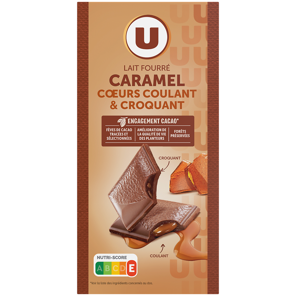 U Chocolat au lait fourré caramel double texture  Tablette de 130g