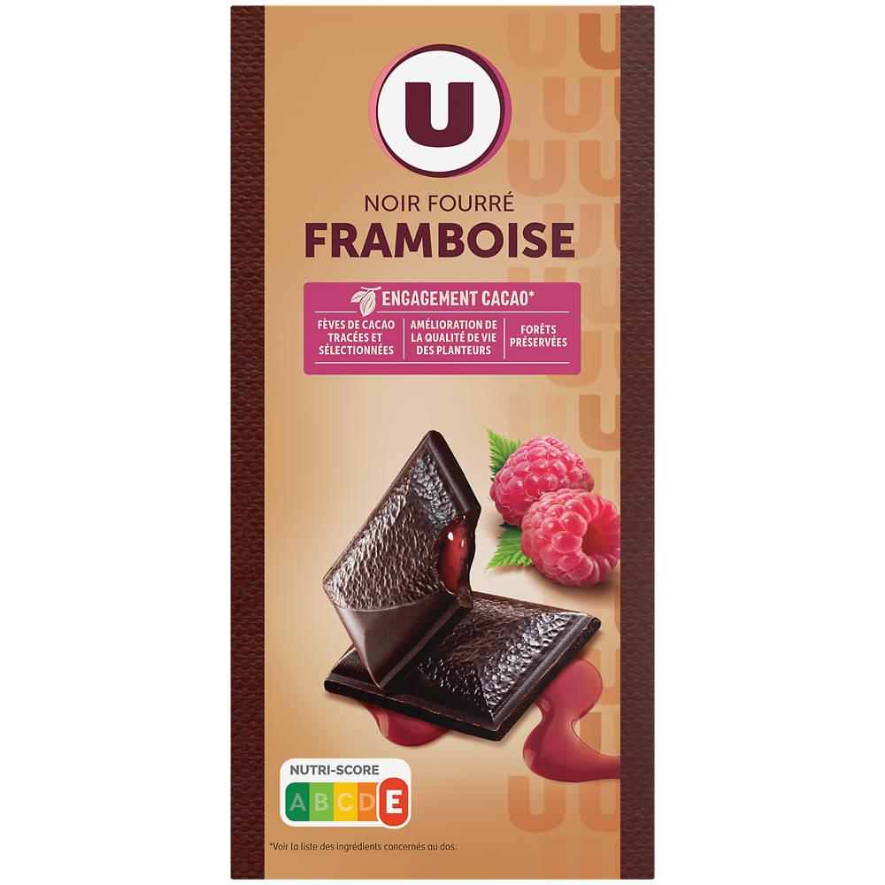 U Chocolat noir fourré et pépites à la framboise  Tablette de 130g