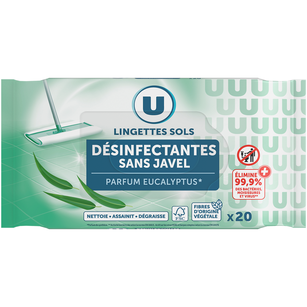 U Lingettes imprégnées multi-surfaces désinfectantes sans javel fraîcheur eucalyptus  x20