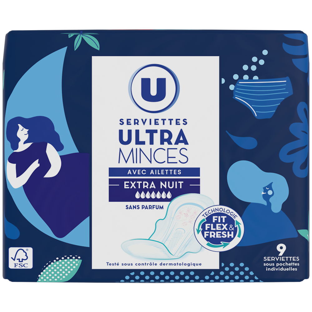 U Serviettes hygiéniques ultra extra nuit ailettes boîte x9