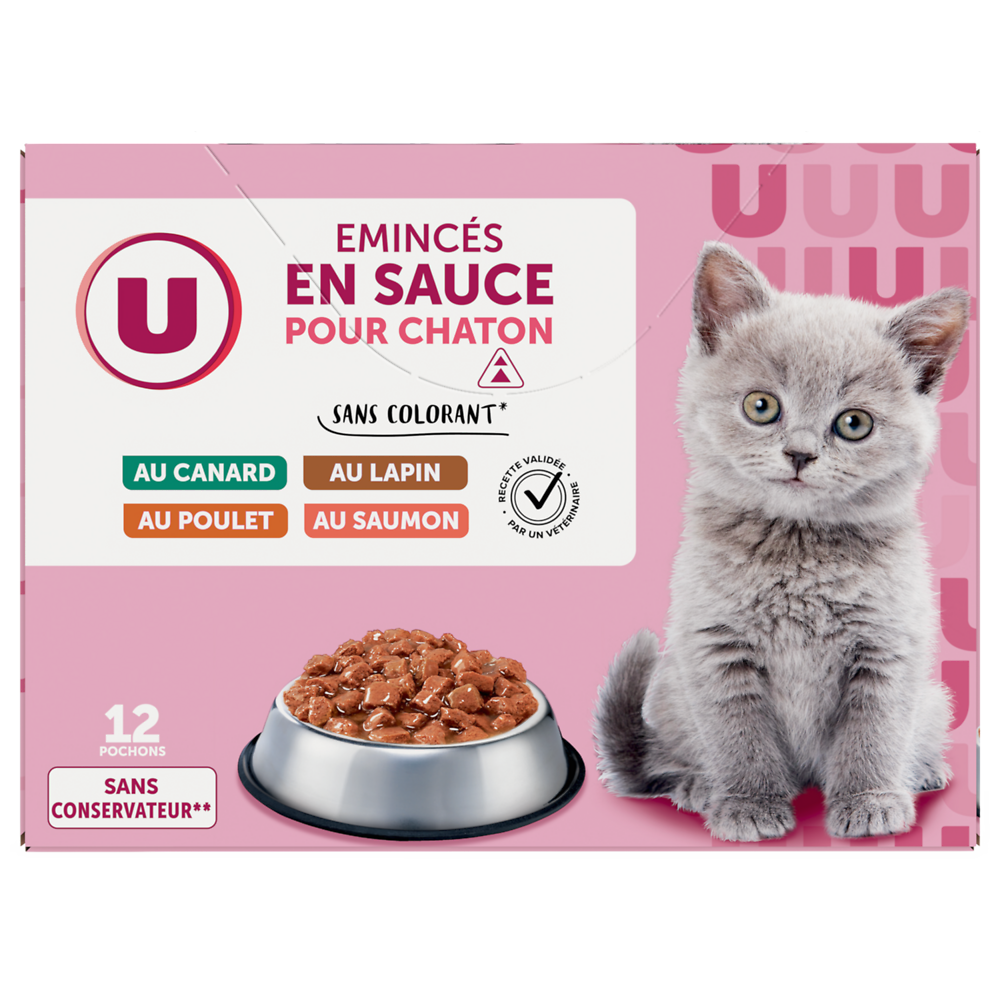 U Sachets fraicheur pour chaton Emincé en sauce viandes et poissons 12x85g