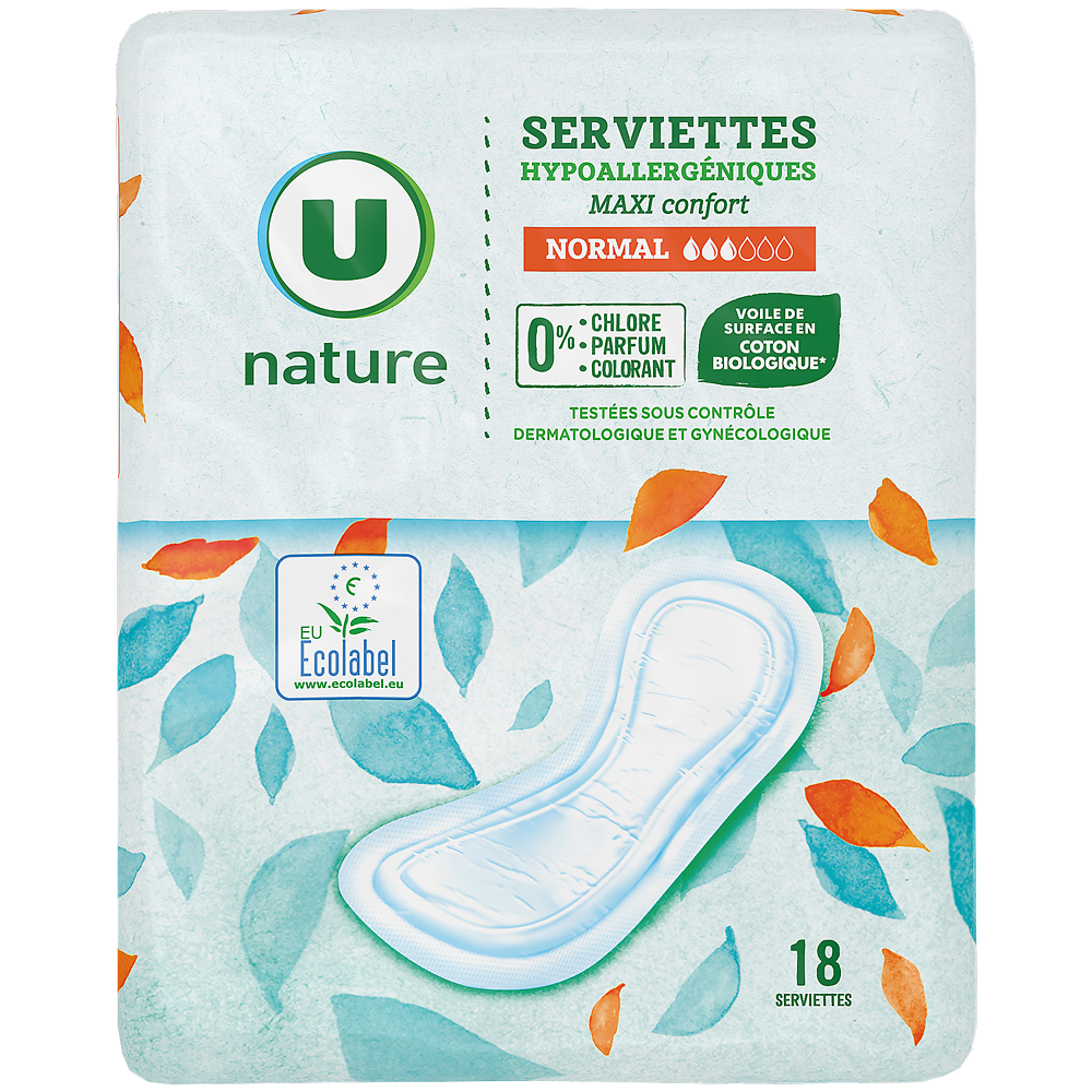 U NATURE Serviettes hygiéniques maxi normal - x18