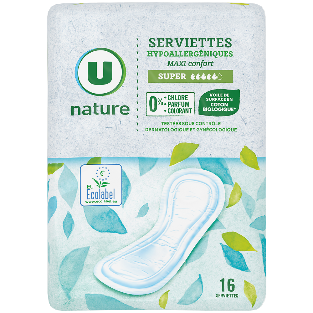 U NATURE Serviettes hygiéniques maxi super - x16