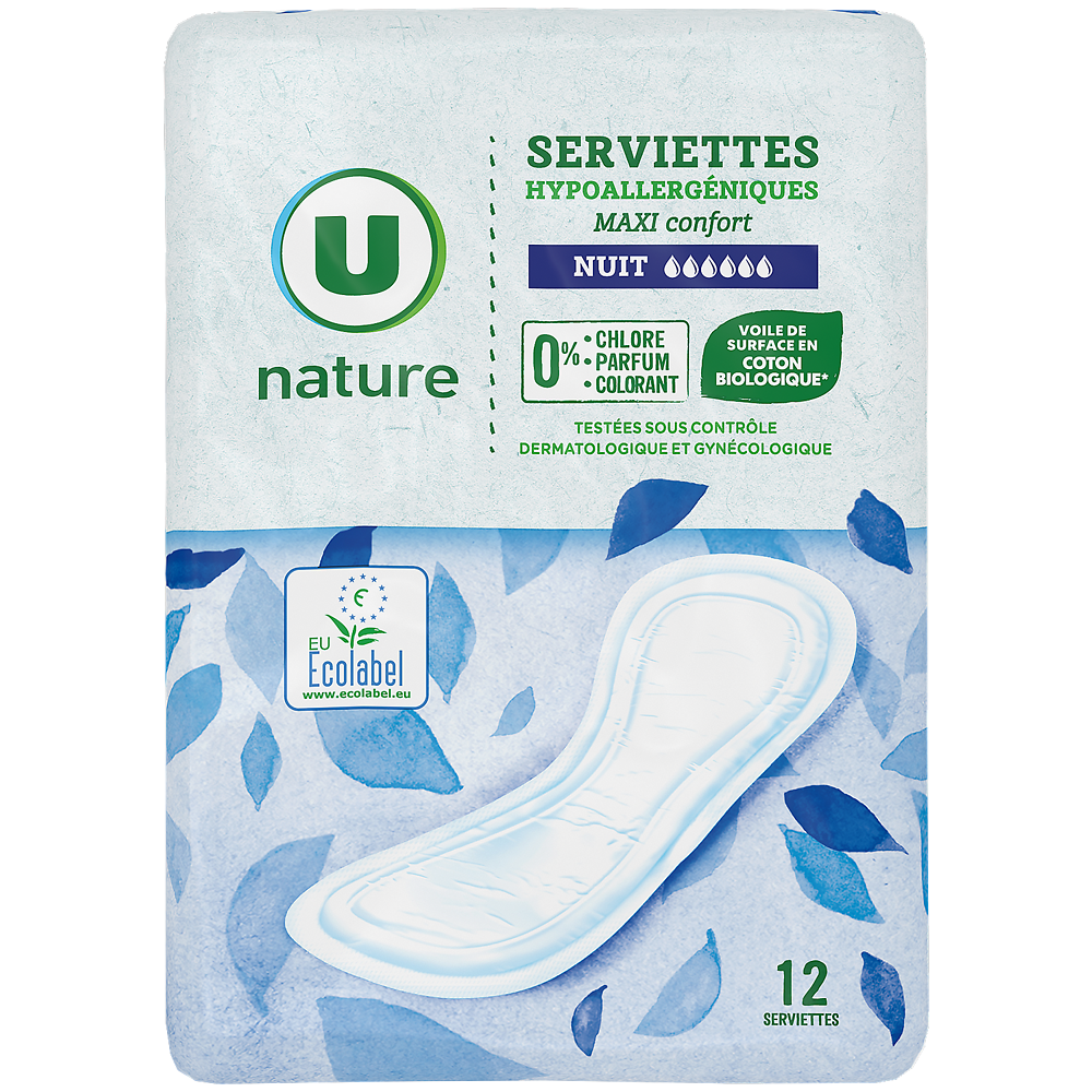 U NATURE Serviettes hygiéniques maxi nuit - x12