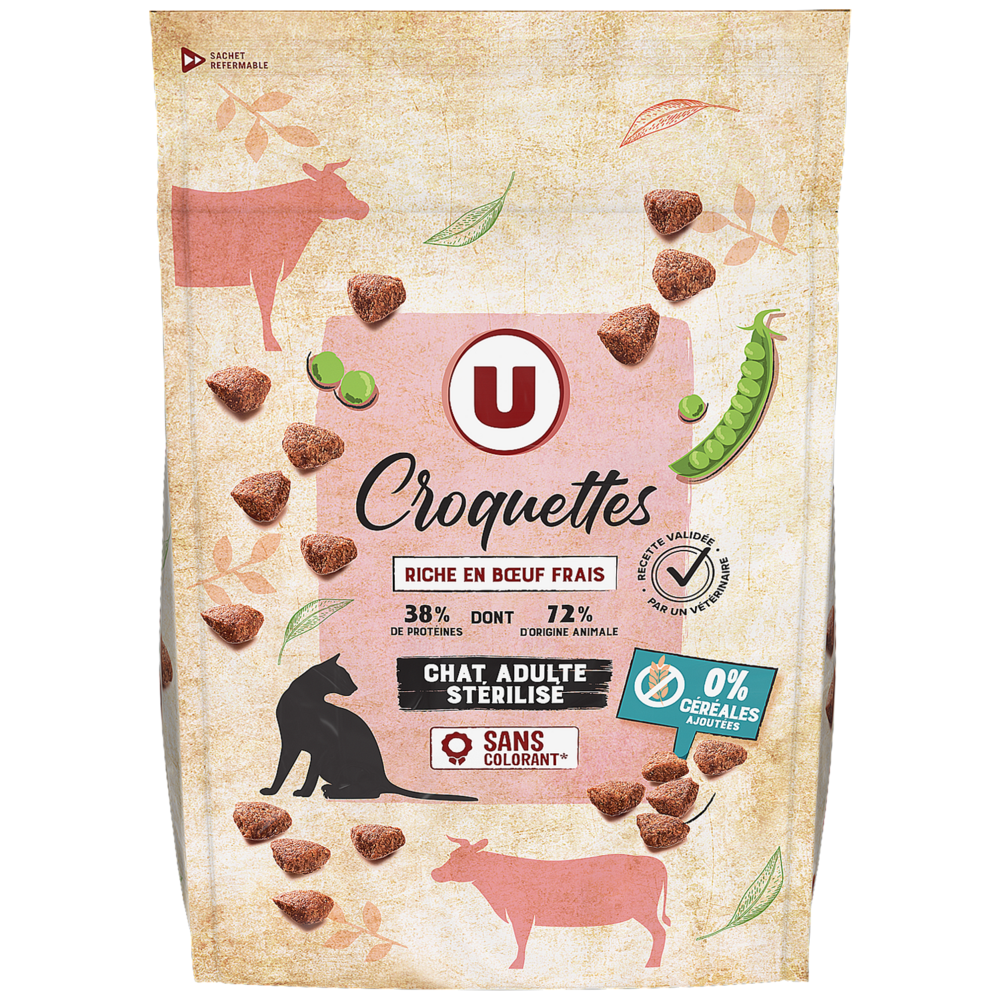 U Croquettes sans céréales riche en boeuf frais pour chat adulte stérilisé  3kg