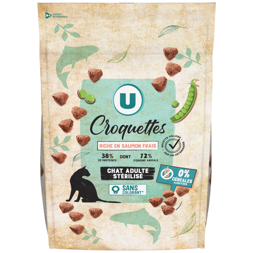 U Croquettes sans céréales riche en saumon frais pour chat adulte stérilisé  3kg