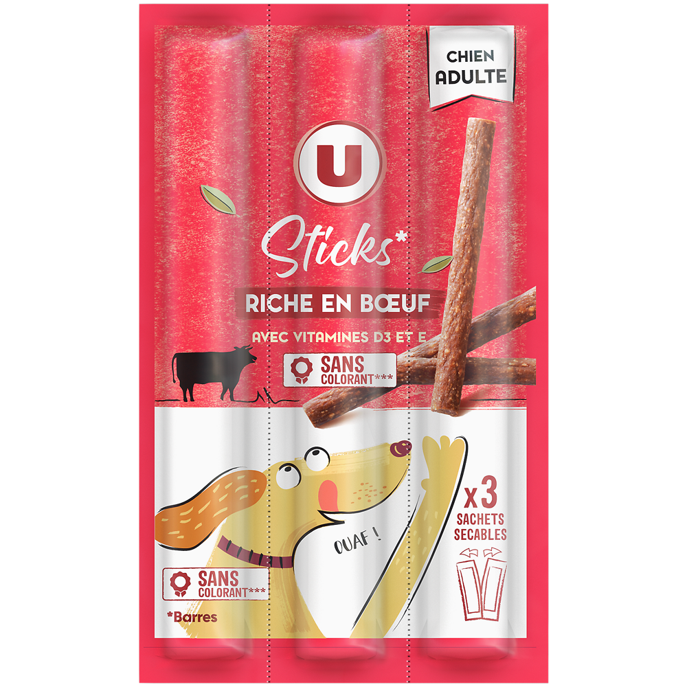 U Friandises Sticks pour chien riches en boeuf x3 33g